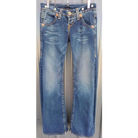 True Religion Bella Heritage Big T Jeans Flare Button Fly Low Rise Size 29X34 - Picture 2 of 9